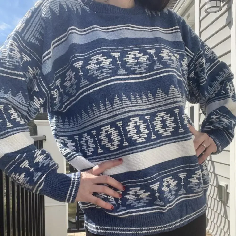 VTG Kenneth Rogers Knit Blue Sweater Cotton Geometric Aztec Small